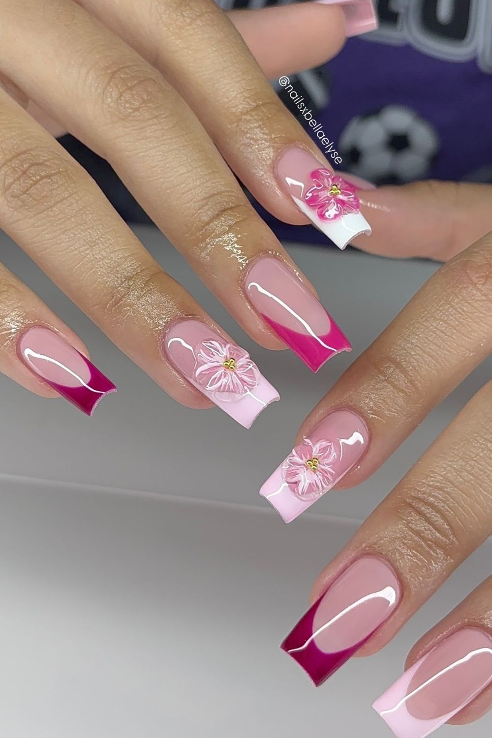 Pretty pink flower nails French tips 2025 nail art designs - Click for more!