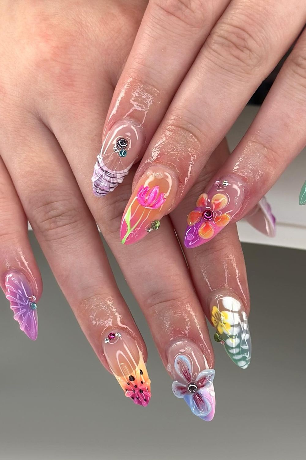 Colorful 3D flower and butterfly summer nails 2025 design for any skin tone
