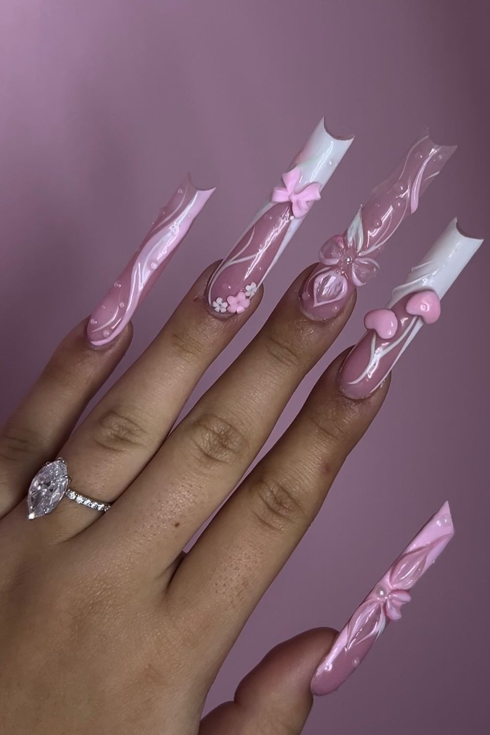 Dreamy pink bow nails flower designs long 2025 style inspiration