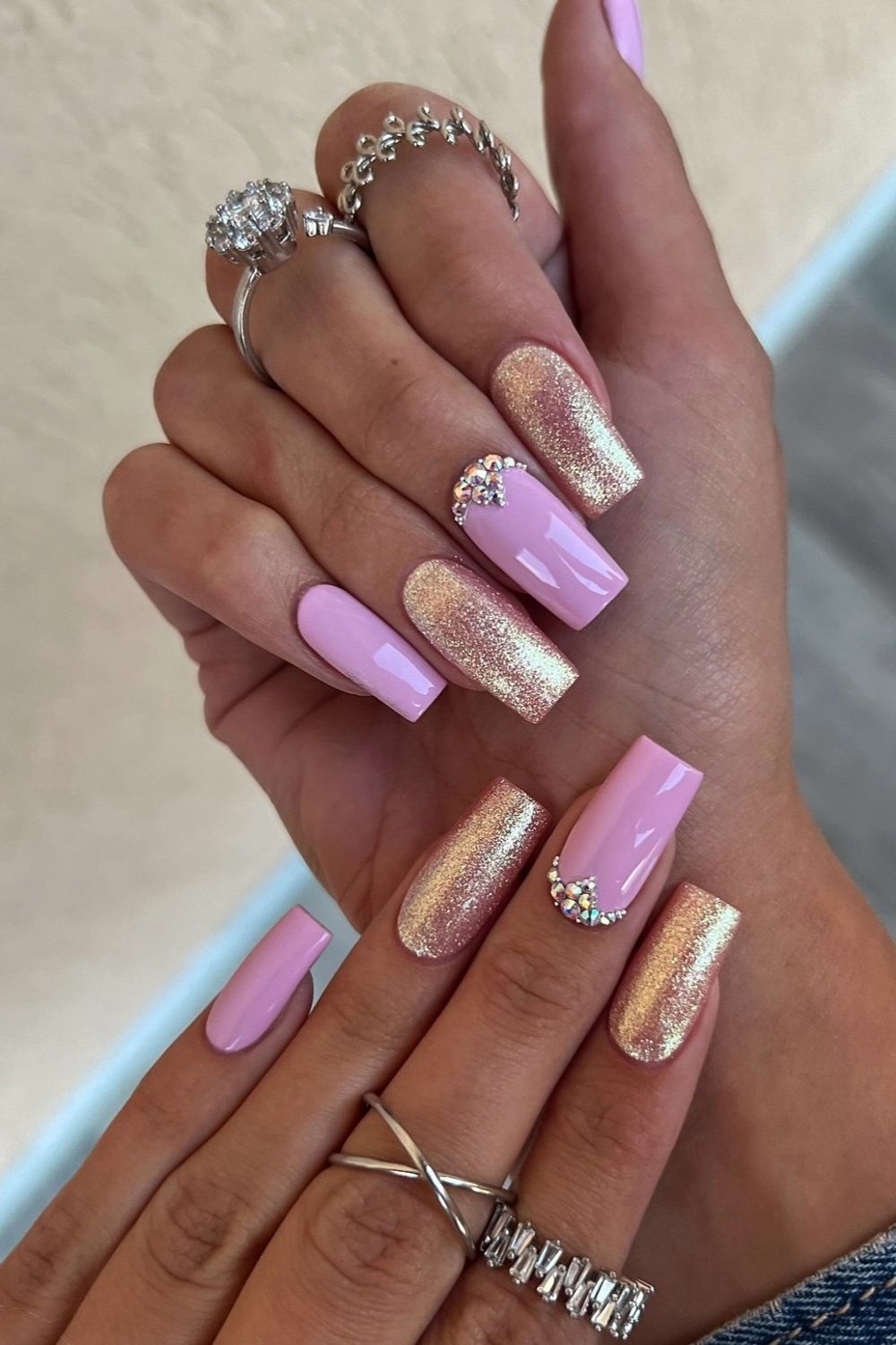 Sparkly pink nails glitter rhinestones 2025 trendy design