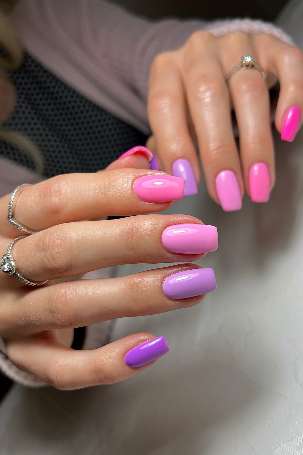 Pink and purple square nails design. Click to see more pink nail ideas!